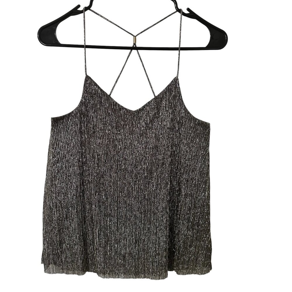 EXPRESS Black Gold Metallic Shimmer Crop Cross Back Strappy Tank Top Size XS